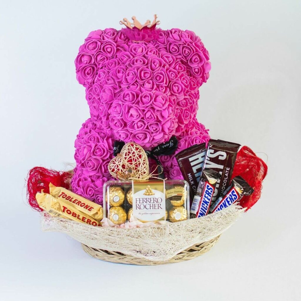 rose bear gift basket - best valentine gift for girlfriend